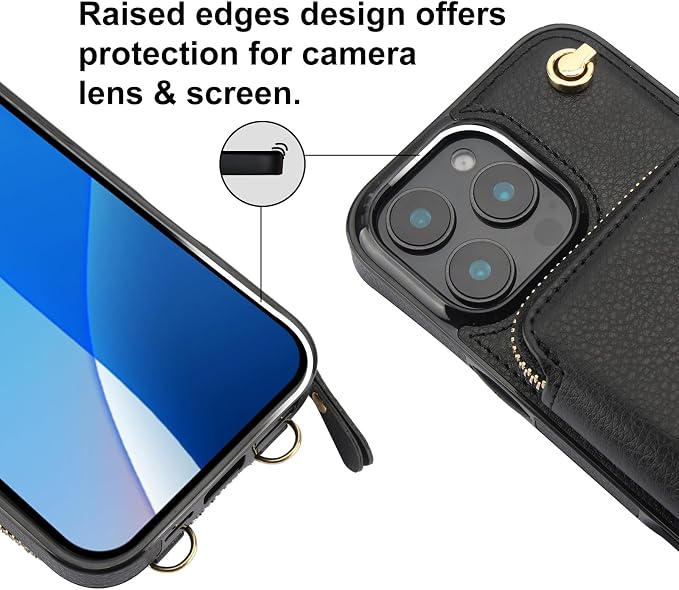 Bocasal Crossbody Wallet Case for iPhone 16 Pro Max, RFID Blocking Leather Purse Case with Card Holder, Protective Handbag Flip Cover with Zipper Wrist Strap Lanyard for Women 5G 6.9 Inch (Black) | RFID Blocking, Leather, Purse Case, Card Holder, Prote...