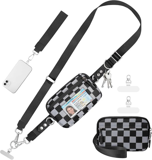 Clip and Go Strap for Phone with Wallet Crossbody Phone Lanyard and Detachable Checkered Bag with ID Window and RFID Pouch for Daily Travel.
