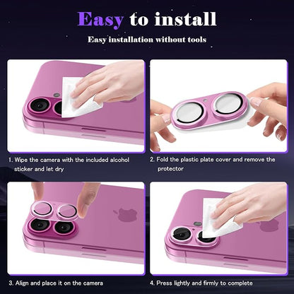 Camera Lens Protector for iPhone 16 / iPhone 16 Plus Camera Lens Protector [Strong Adsorption] [Not Easy to Break] Metal Tempered Glass Rear Camera Screen Cover - Pink