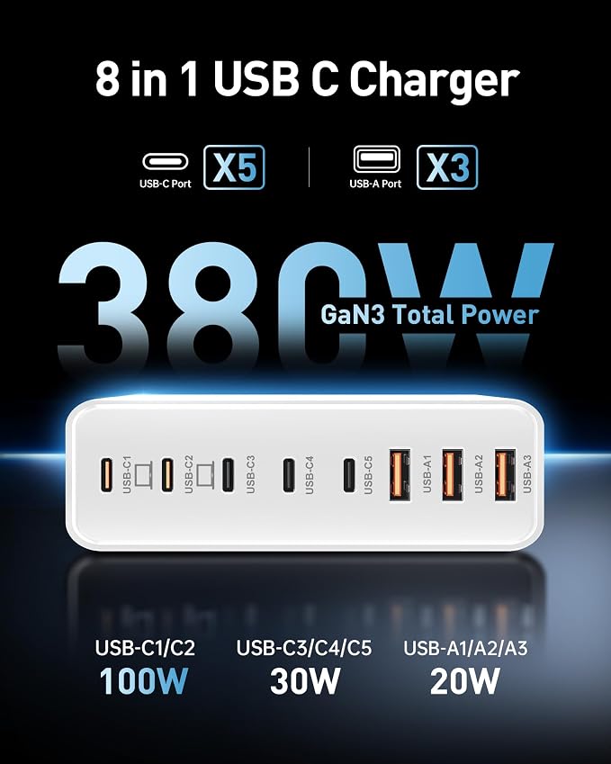 380W USB C Charger Block with 4 USB Cables Dual 100W Charging Station | 8-Port USB C Charging Station Laptop Charger Fast Type C Charging Block for MacBook Pro, Dell XPS, iPhone, iPad, Tablet