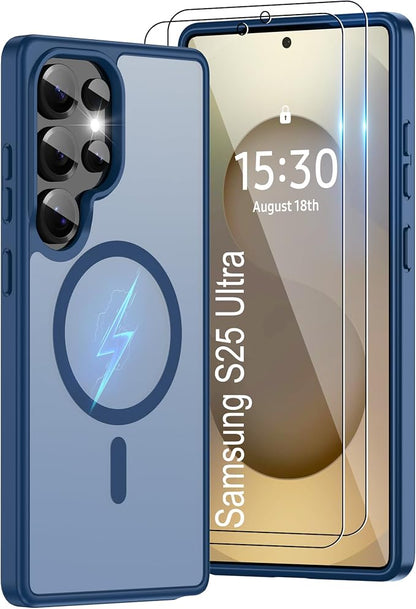 For Samsung Galaxy S25 Ultra Case [Compatible with Magsafe] Translucent Matte Magnetic Phone Case,Slim Thin Duty Shockproof Protection Cover with 2pc Screen Protector Case for S 25 Ultra-Dark blue