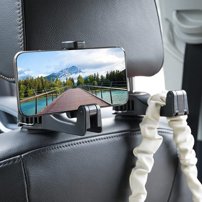 2 in 1 Car Seat Hook with Phone Holder, Universal 360° Swivel Headrest Hook, Handbag Holder Hanger Storage Box, Silent, Drop Resistant and Universal Fit