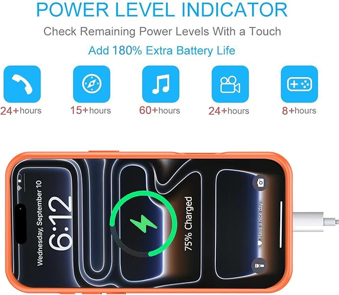 Battery Case for iPhone 17 Pro, 10000mAh Protective Charging Case with Wireless Charging Compatible with iPhone 17 Pro (6.3 inch) Rechargeable Extended Battery Pack Charger Case with Carplay (Orange)