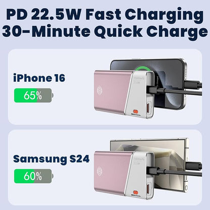 Aaoyun Portable Charger Power Bank, 20000mAh 22.5W PD Fast Charging Powerbank with Built-in USB C Cable, External Phone Battery Pack for iPhone 17/16/15 Samsung S24 Android etc, Pink