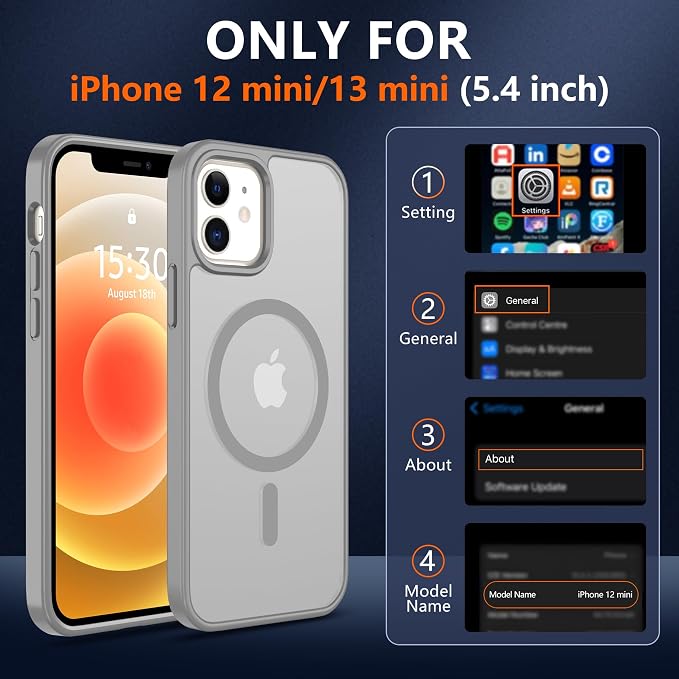 Pilaru for iPhone 12 mini Case & 13 mini Case [Compatible with Magsafe] Translucent Matte Magnetic Case,SlimThin Shockproof Military Grade Drop Protection Cover for 12 mini/13 mini-Gray