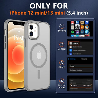 Pilaru for iPhone 12 mini Case & 13 mini Case [Compatible with Magsafe] Translucent Matte Magnetic Case,SlimThin Shockproof Military Grade Drop Protection Cover for 12 mini/13 mini-Gray