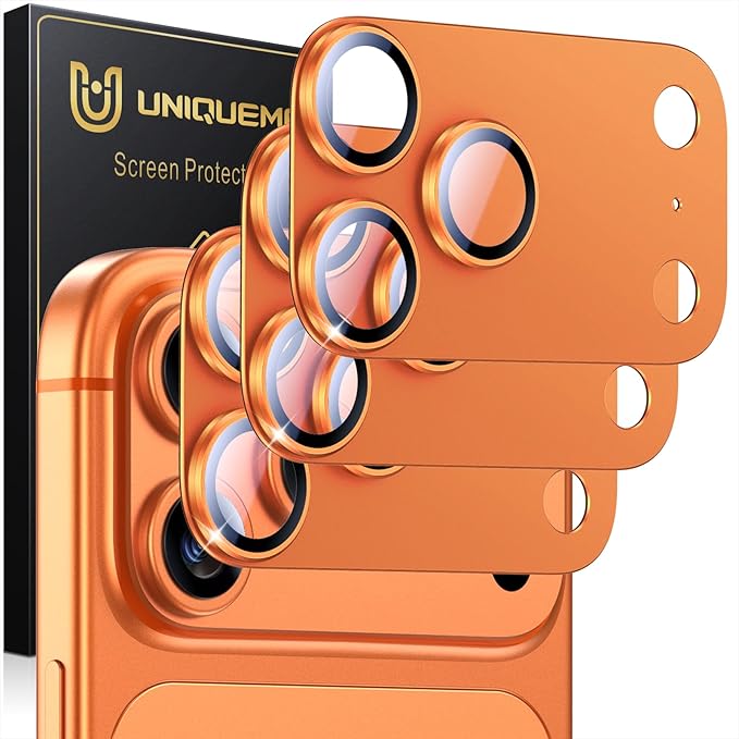 UniqueMe for 3 Pack iPhone 17 Pro Camera Lens Protector - [Drop Protection] [Case Friendly] 9H Tempered Glass Camera Cover Screen [Update New Version] - All Orange