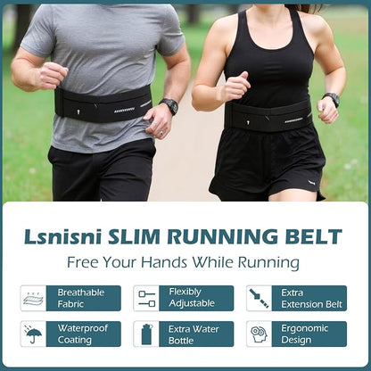 Lsnisni Slim Running Belt for Men and Women, Running Waist Pack with Water Bottle & Towel, Multi Pocket Fanny Pack - Phone Holder, Adjustable for Running, Climbing - Medium
