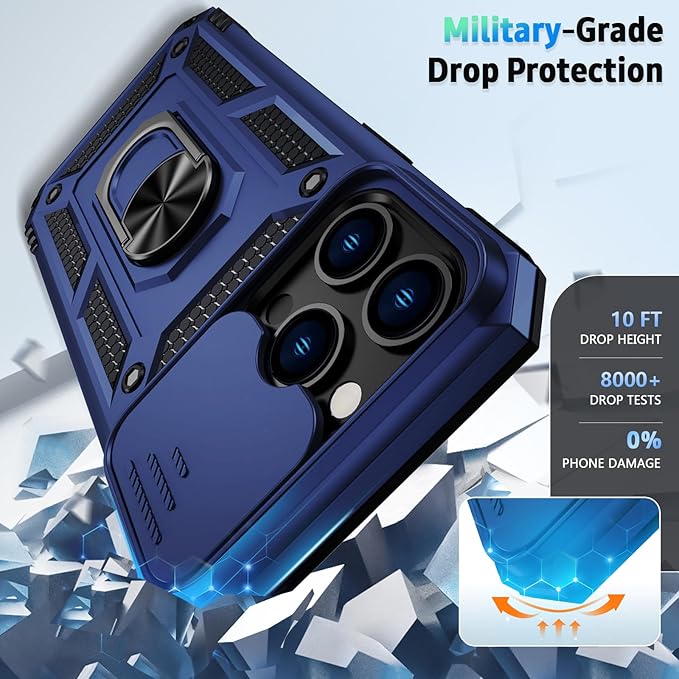 Weycolor for iPhone 13 Pro Case with Camera Lens Cover, HD Screen Protector, 10 FT Military Grade Drop Protection, Magnetic Ring Holder Kickstand Protective Phone Case for iPhone 13 Pro, Navy Blue