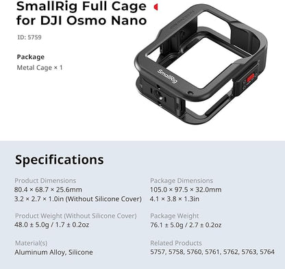 SmallRig Full Cage for DJI Osmo Nano, Aluminum Case Protective Frame Mount, One-Touch Unlocks Expansion Housing Shell for OSMO Nano, with Cold Shoe and 1/4"-20 Threaded Holes