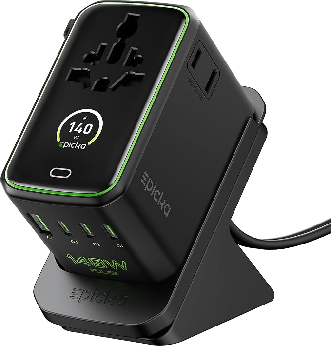 Epicka Pulse Duo 140W GoStand Universal Travel Adapter with Desktop Stand & Smart Display, International Power Adapter with 3.28ft Cable, 2 AC Outlets PD 3.1 PPS Compatible with MacBook, iPhone