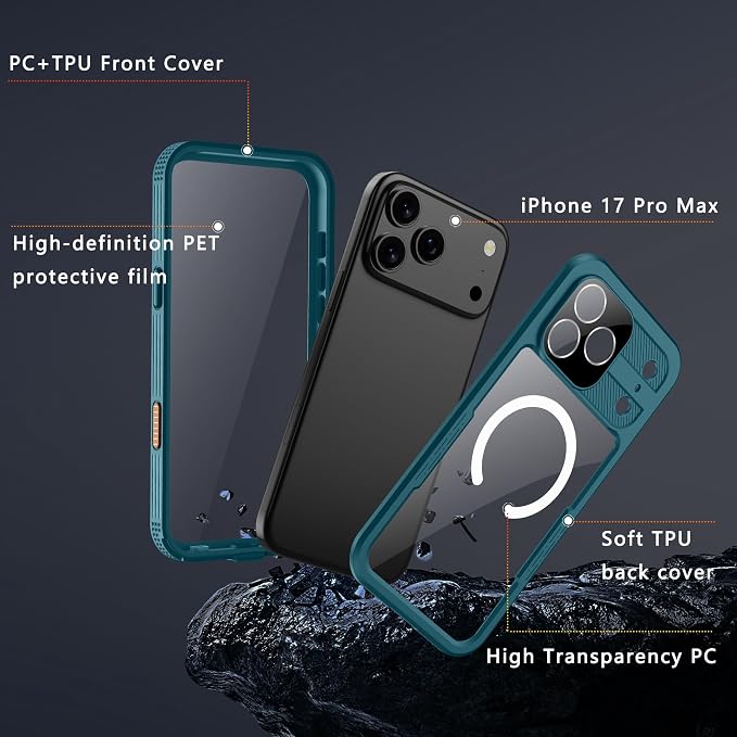 GOLDJU 2025 New Magnetic for iPhone 17 Pro Max Case-Waterproof, Built-in Screen & Camera Protector-IP68 Underwater Full Body 16FT Military Dropproof Shockproof Case for 17 Pro Max 6.9'' Blue