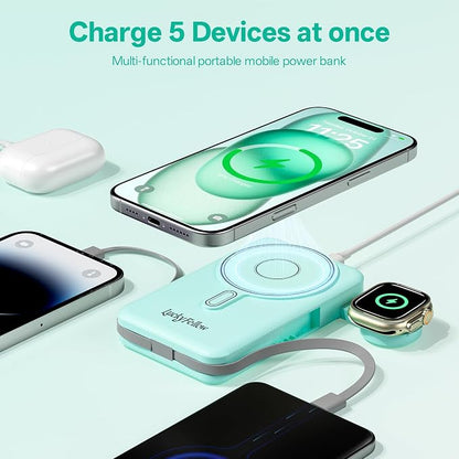 Magnetic Portable Charger Built-in Cables,10000mAh Fast Charging Wireless Charger Station External Battery Pack Slim Pocket Size Power Bank with Stand Compatible with iWatch, iPhone
