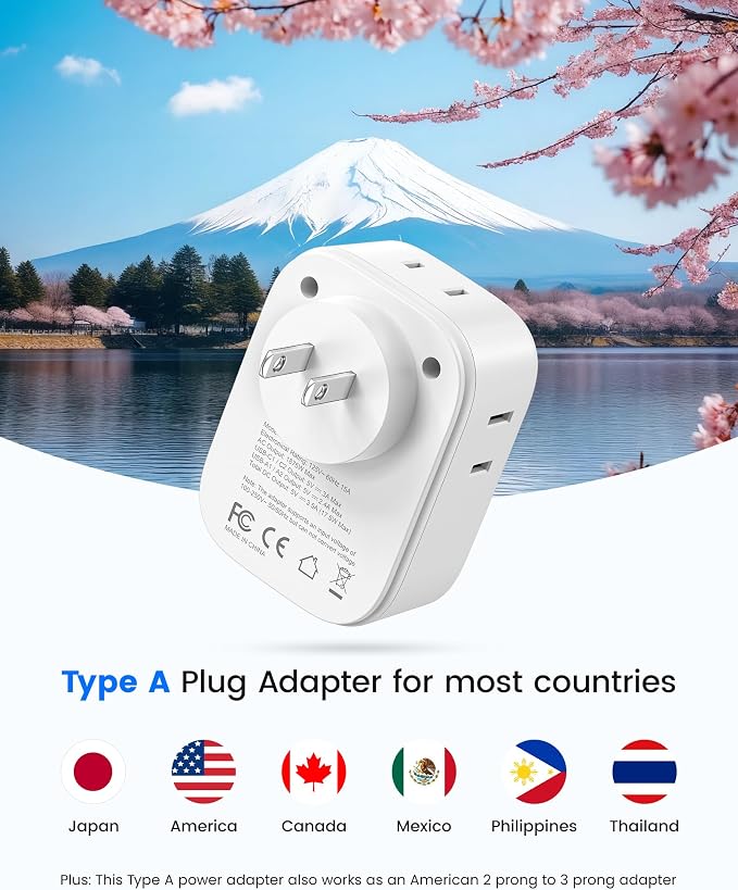 LENCENT US to Japan Plug Adapter, 2 Prong to 3 Prong Outlet Adapter | 4 Outlets 4 USB Ports(2 USB C), Type A Travel Converter for US to Japan Canada Mexico China Philippines Peru Tokyo
