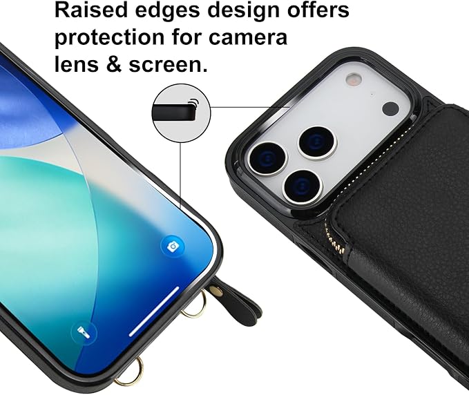 Bocasal Crossbody Wallet Case for iPhone 17 Pro Max, RFID Blocking Leather Purse Case with Card Holder, Protective Handbag Flip Cover with Zipper Wrist Strap Lanyard for Women 5G 6.9 Inch (Black)