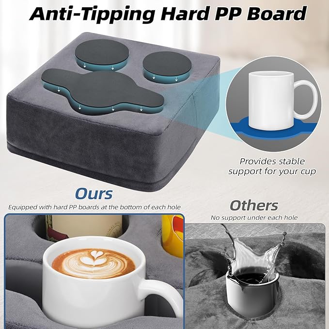 G GOOD GAIN Couch Cup Holder Pillow, Spill-Proof Sofa Drink Cup Holder & Multi-Use Organizer for Sofa, Bed, Car, Beach - Holds Mugs, Phone, Snacks, Remote Control, KeepTemp Design (Grey)
