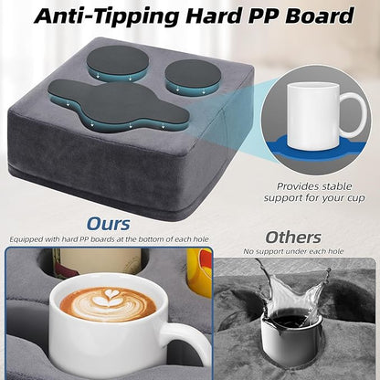 G GOOD GAIN Couch Cup Holder Pillow, Spill-Proof Sofa Drink Cup Holder & Multi-Use Organizer for Sofa, Bed, Car, Beach - Holds Mugs, Phone, Snacks, Remote Control, KeepTemp Design (Grey)