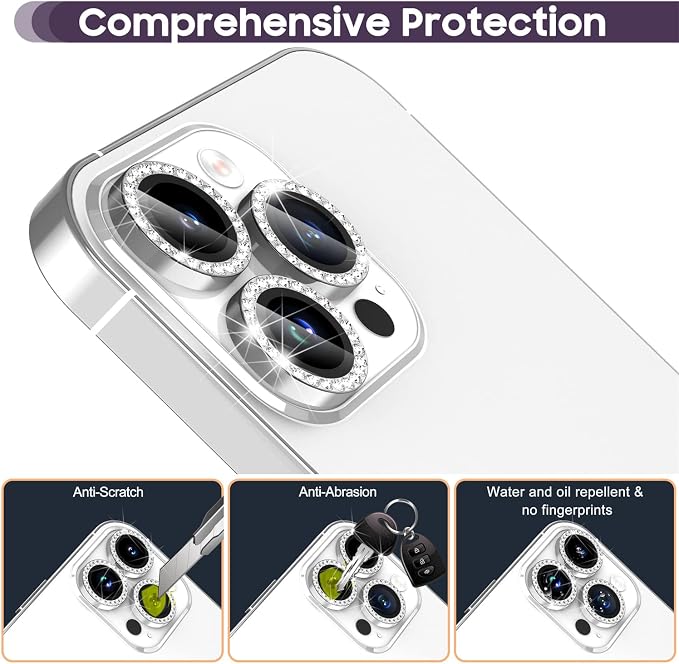 Suoman for iPhone 14 Pro Max / 14 Pro Camera Lens Protector, [Diamonds Bling] 9H Tempered Glass, Full Coverage Metal Protective Cover- Diamond Silver