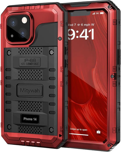 Mitywah Waterproof Case for iPhone 14, Heavy Duty Shockproof Case with Built-in Screen Protector, Full Body Underwater Protective Metal Case 6.1 inch, Red