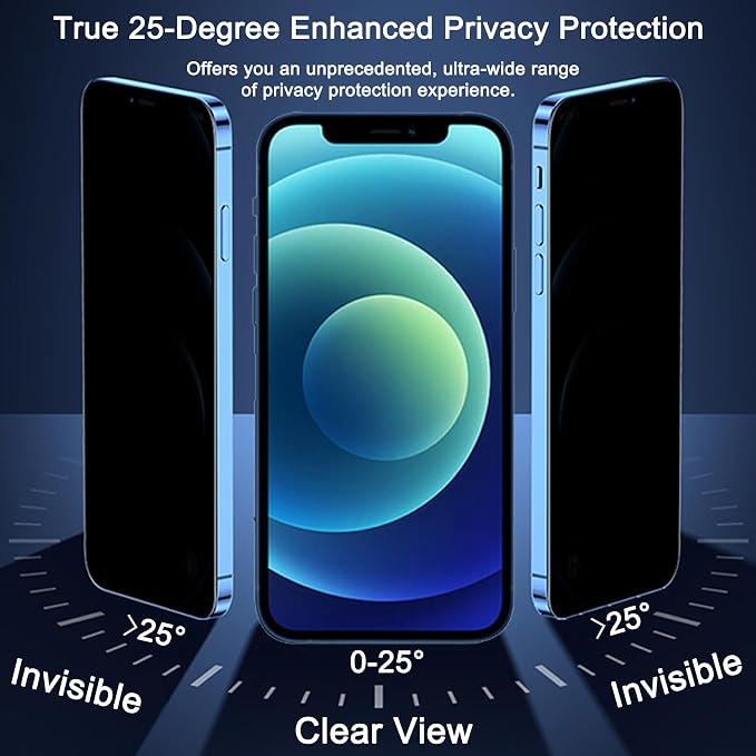 2 Pack 25° Ultra Privacy Screen Protector for iPhone 12 Pro Max, [Auto-Dust Removal and Auto-Alignment], Wide-Angle Anti-Spy Tempered Glass Film, Easy and Quick Installation
