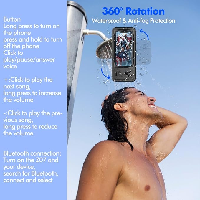 Wireless Bluetooth Speaker for Bathroom , Shower Phone Holder Speaker , Waterproof 360 Rotation Viewable Shower Phone Case Speakers for Bathroom Wall Mirro Compatible with iPhone, Galaxy(Black)