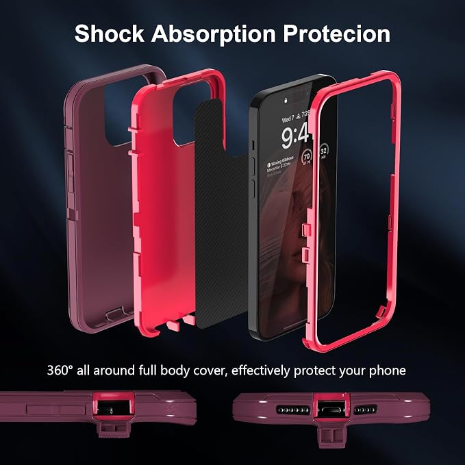 Sansunto for iPhone 16e Case, Protective Cover for 13, 14, 15, 16E 6.1", Heavy Duty Shockproof Drop Proof 3 in 1 Silicone Rubber Cover, Rugged Hybrid Durable Phone Cases for Women (Burgundy)