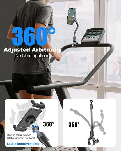 Gooseneck Bike Phone Holder Handlebar Clamp for Treadmill, Peloton, Spin Bike, Wheelchair, Bicycle, Stroller, Bike Phone Mount for iPhone 16 Pro Max, 15 14 13 Mini, 4-7" Smartphone