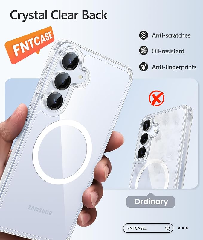 FNTCASE for Galaxy S25/S24 Case Clear, Fit for Magsafe, Screen Protector | Anti Yellowing Magnetic Back, 14FT Military Grade Drop Protection, Shockproof Protective Phone Cover, Transparent