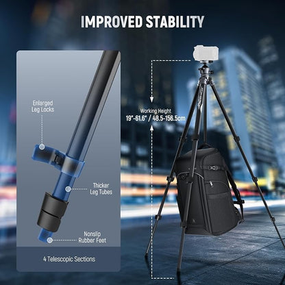 NEEWER LITETRIP LT07 61" Aluminum Travel Tripod Stand for Camera with Pan Tilt Low Profile Ball Head, Arca QR Plate Compatible with PD, Dual Center Axis, Max Load 22lb