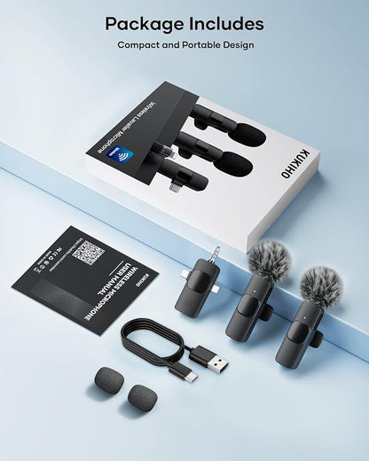 3-in-1 Wireless Lavalier Microphone for iPhone, iPad, Android, Camera - Noise-Canceling Mini Mic with 2.4G Ultra-Low Latency for Vlog, TikTok & YouTube Streaming (2 Mics)