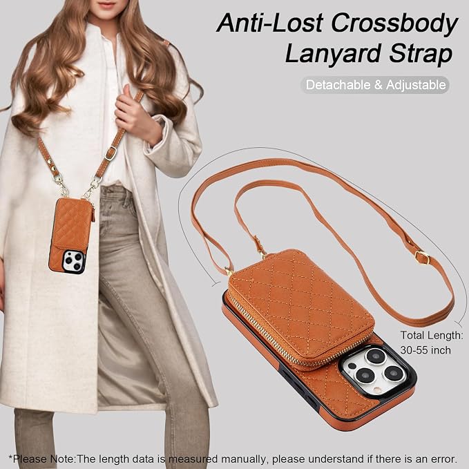 Bocasal Crossbody Wallet Case for iPhone 15 Pro, RFID Blocking PU Leather Zipper Handbag Purse Flip Cover, Kickstand Folio Case with Card Slots Holder Wrist Strap Lanyard 5G 6.1 Inch (Brown)