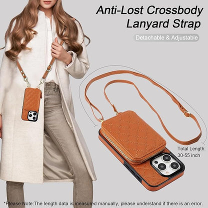 Bocasal Crossbody Wallet Case for iPhone 15 Pro, RFID Blocking PU Leather Zipper Handbag Purse Flip Cover, Kickstand Folio Case with Card Slots Holder Wrist Strap Lanyard 5G 6.1 Inch (Brown)