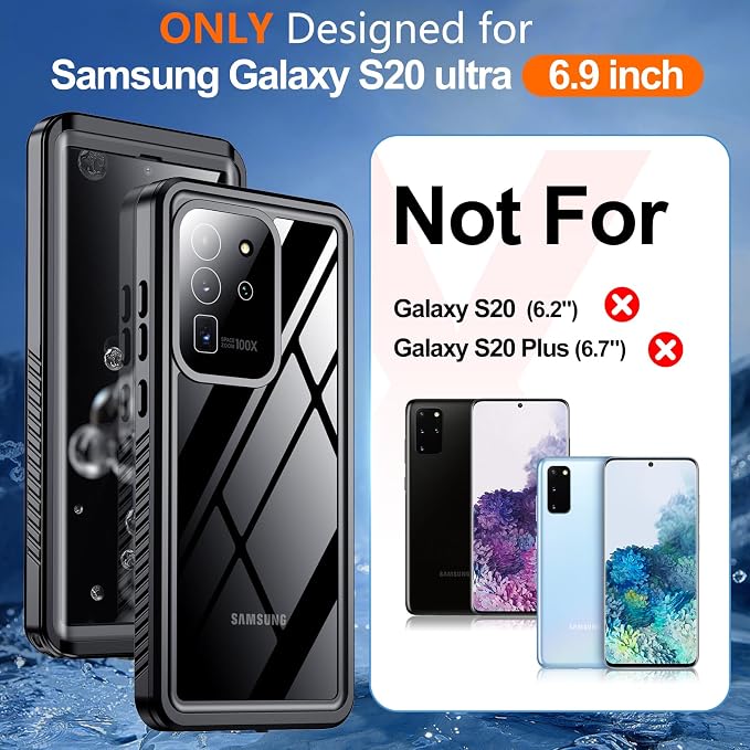 Hualele Waterproof Galaxy S20 Ultra Case, Built in Lens & Screen Protector Rugged Full Body Heavy Duty Protective Shockproof IP68 Underwater Cover for Samsung Galaxy S20 Ultra Black