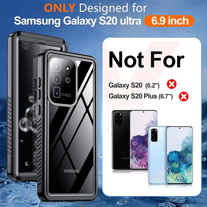 Hualele Waterproof Galaxy S20 Ultra Case, Built in Lens & Screen Protector Rugged Full Body Heavy Duty Protective Shockproof IP68 Underwater Cover for Samsung Galaxy S20 Ultra Black