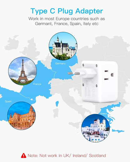 One Beat 2 Pack European Travel Plug Adapter, Type C International Power Adapter with 3 Outlets and 3 USB Ports (2 USB-C), Travel Essentials for USA to Europe, Spain, Italy, France, Germany, EU