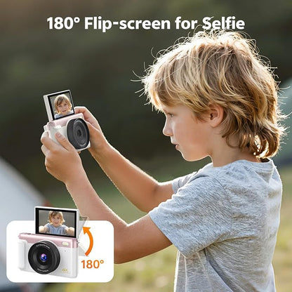 4K Digital Camera for Photography, 75MP WiFi Vlogging Camera for YouTube, 3'' 180° Flip Screen, Anti Shake Auto Focus 16X Zoom, 2500 mAh Battery, Point and Shoot Cameras for Kids Beginner, 32GB, Pink