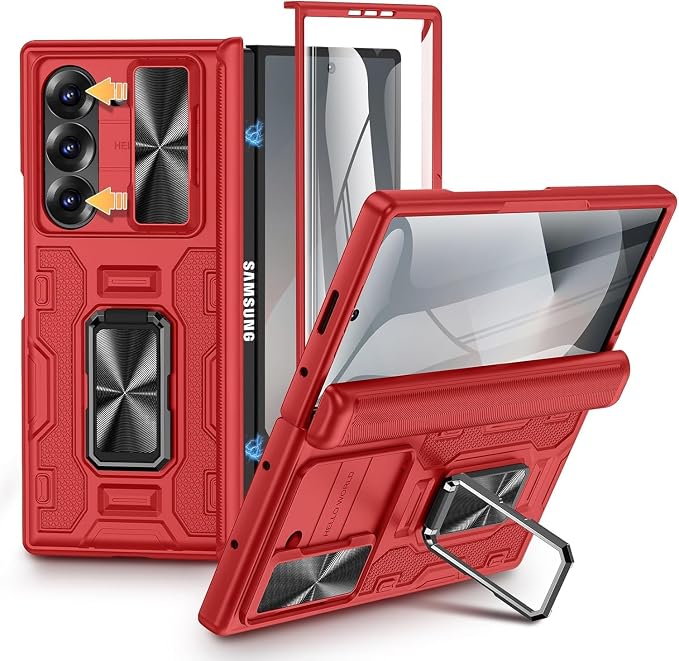 VEGO for Galaxy Z Fold 6 Case with Screen Protector &Hinge Protection-Red | Built-in Slide Camear Cover & 360° Ring Stand Case Heavy Duty Drop Protection Cover for Samsung Galaxy Z Fold 6 5G 2024
