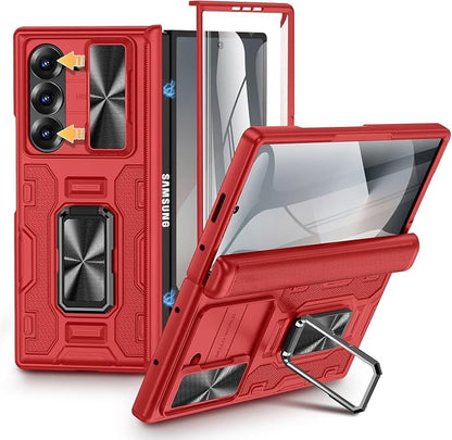 VEGO for Galaxy Z Fold 6 Case with Screen Protector &Hinge Protection-Red | Built-in Slide Camear Cover & 360° Ring Stand Case Heavy Duty Drop Protection Cover for Samsung Galaxy Z Fold 6 5G 2024