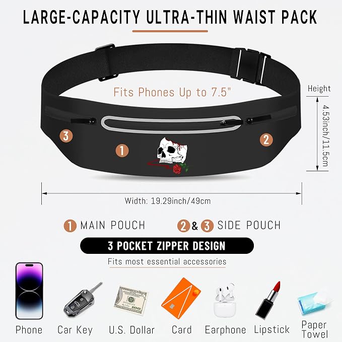 Horror Skull Rose Slim Running Belts Fashion Reaper Grim Fanny Packs for Women,Adjustable Black Fitness Belt with Zipper Pockets,Waterproof Reflective Running Belt for Men Marathon Jogging Gear Gift