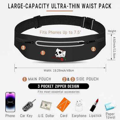 Horror Skull Rose Slim Running Belts Fashion Reaper Grim Fanny Packs for Women,Adjustable Black Fitness Belt with Zipper Pockets,Waterproof Reflective Running Belt for Men Marathon Jogging Gear Gift