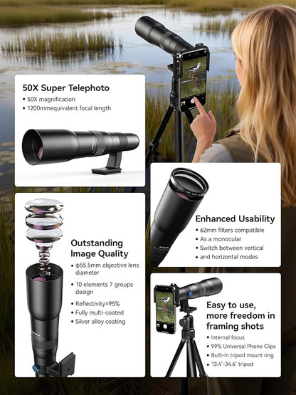 MIAO LAB 50X HD Ultra Telephoto Lens for iPhone and Most Smartphone, with Tripod & Universal Phone Clip, Suitable for Indoor and Outdoor Shooting and Watch Concert, Moon Viewing