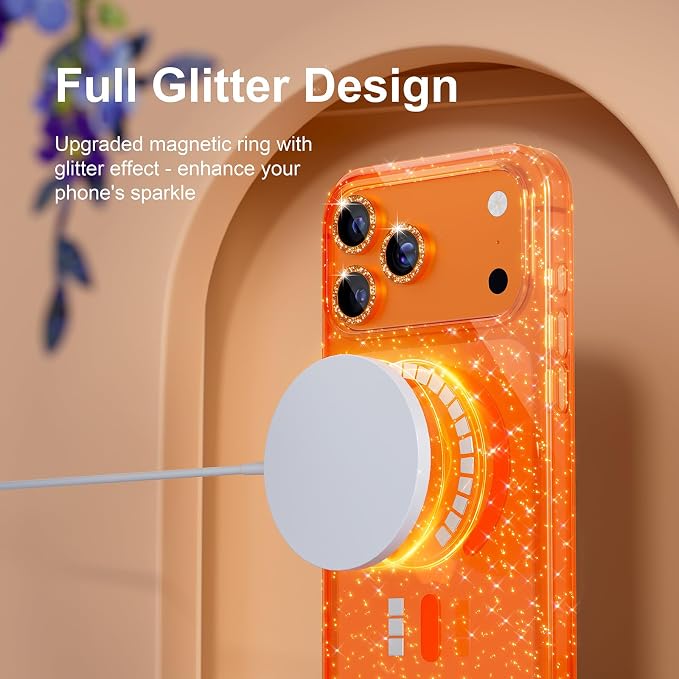 Choiche Magnetic for iPhone 17 Pro Case Compatible with MagSafe, Women Cute Glitter Sparkly Phone Case with Diamond Camera Lens Protectors, Military-Grade Drop Protection 6.3" (Orange)