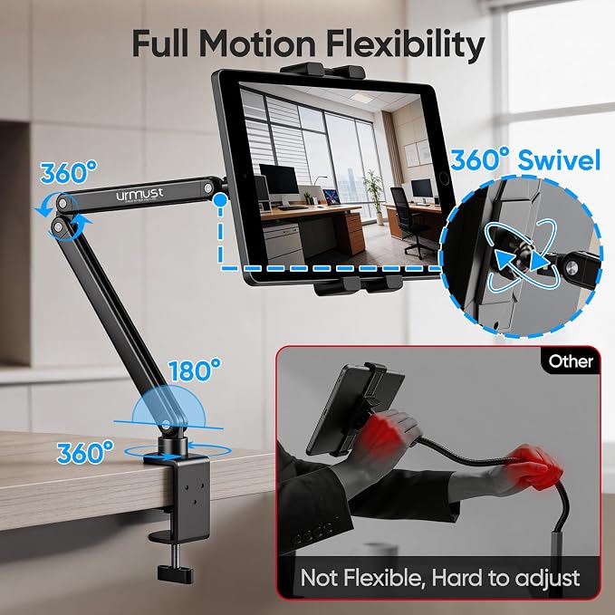 Urmust Portable Monitor Stand 15.6", iPad Stand for Desk & Bed, Portable Monitor Holder up to 18.5", Adjustable Desktop Tablet Arm Mount, Apple iPad Holder for Desk, for 4.7"-12.9" iPad Pro/Air/Mini