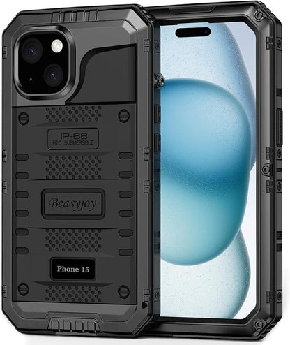 Beasyjoy for iPhone 15 Case Waterproof, Metal Heavy Duty Full Body Protective Case with Built-in Screen Protector, Military Grade Shockproof Dustproof Defender Rugged Cover for iPhone 15 6.1" Black