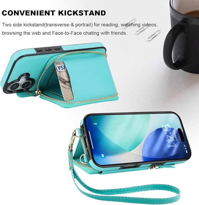 Bocasal RFID Blocking Wallet Case for iPhone 17, Adjustable Crossbody Zipper Purse Case Card Holder with Kickstand Detachable Wrist Strap, PU Leather Flip Folio Case 6.3 Inch 5G (Mint Green)