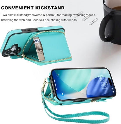 Bocasal RFID Blocking Wallet Case for iPhone 17, Adjustable Crossbody Zipper Purse Case Card Holder with Kickstand Detachable Wrist Strap, PU Leather Flip Folio Case 6.3 Inch 5G (Mint Green)