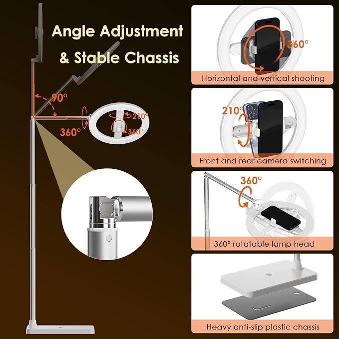 10" Selfie Ring Light with Stand, Tall Adjustable Overhead Phone Mount with LED Light, Phone Holder with Camera Remote for TikTok, YouTube, Live Streaming, Video Recording