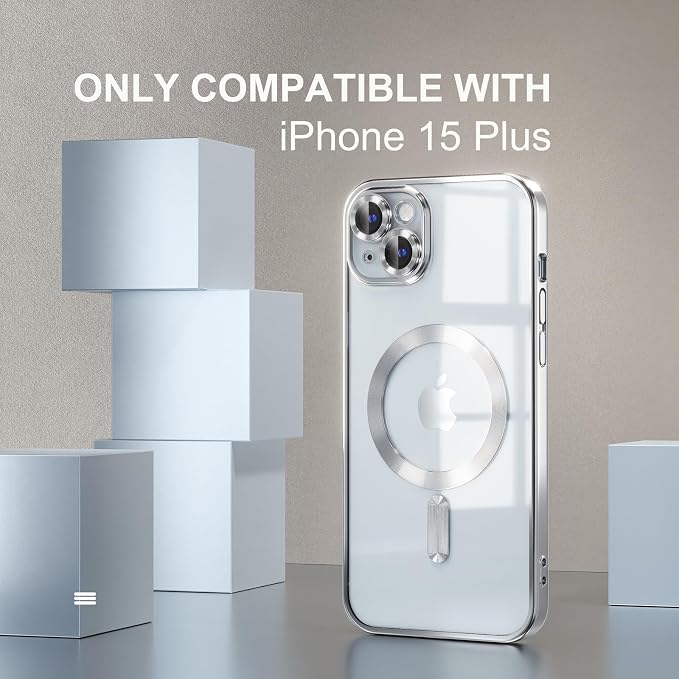 Misea Magnetic for iPhone 15 Plus Case Compatible with MagSafe [Never Yellowing] [Military Grade Drop Protection] Full Camera Lens Protector Plating Soft Clear Phone Case for Women, Silver