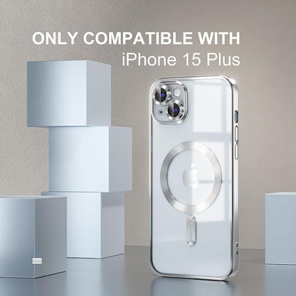 Misea Magnetic for iPhone 15 Plus Case Compatible with MagSafe [Never Yellowing] [Military Grade Drop Protection] Full Camera Lens Protector Plating Soft Clear Phone Case for Women, Silver