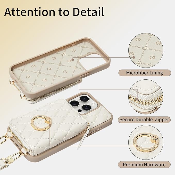 ZVE Compatible with iPhone 15 Pro Case Wallet for Women, PU Leather Shockproof Crossbody Phone Case with Card Holder for iPhone 15 Pro 6.1 Inch-Beige